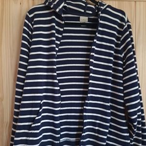 L.L. Bean Knit Striped Hoodie Zip Up Shacket Nautical Pockets XL Blue/White